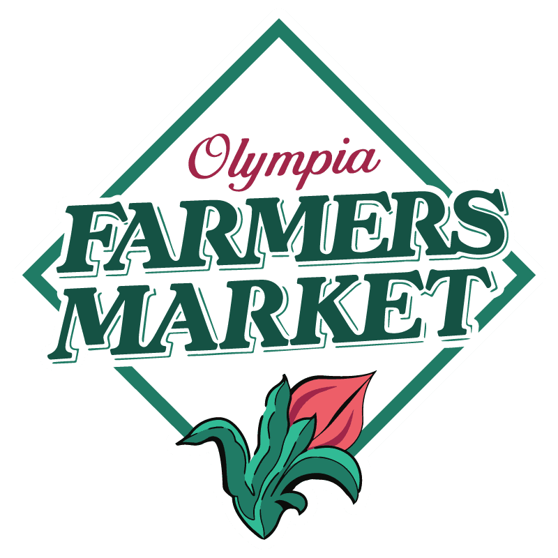 Logo of the Olympia Farmers Market featuring green text and a pink flower graphic.