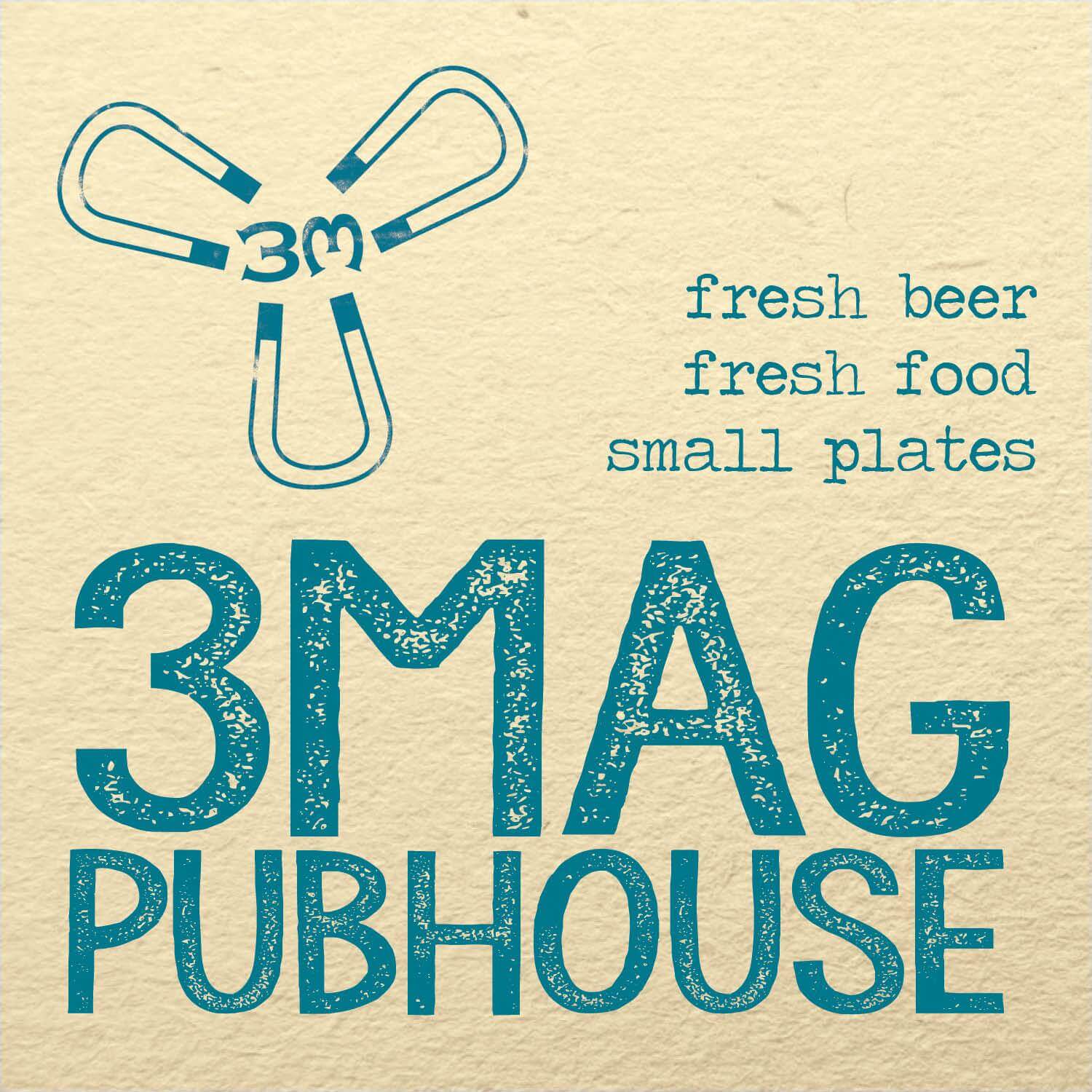 Logo for 3Mag Pubhouse featuring the slogan "fresh beer, fresh food, small plates."