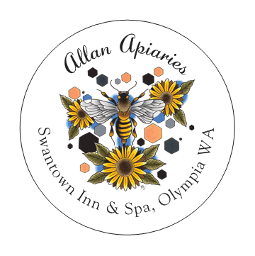 Logo featuring a bee surrounded by sunflowers and hexagonal designs, with "Allan Apiaries" and "Swantown Inn & Spa, Olympia WA" text.