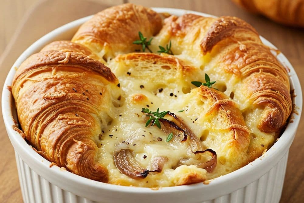 A creamy croissant bake topped with fresh herbs in a white dish.