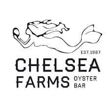 Logo of Chelsea Farms Oyster Bar, established in 1987, featuring a stylized whale design.