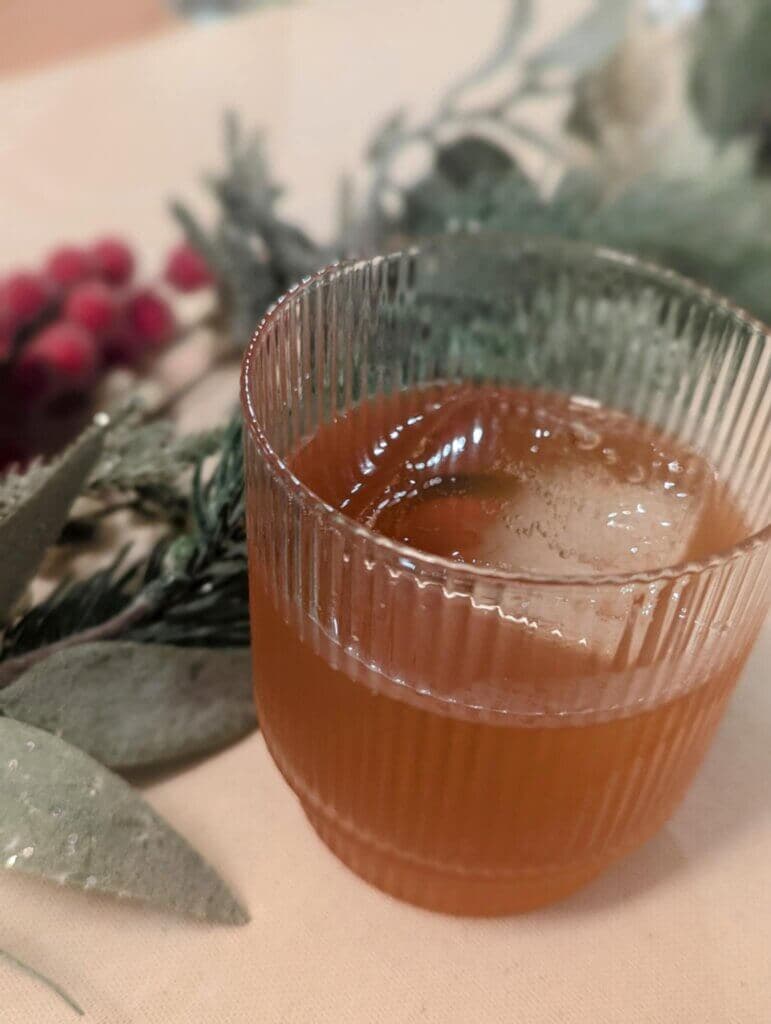 A glass of amber-colored drink with ice, surrounded by green foliage and red berries.