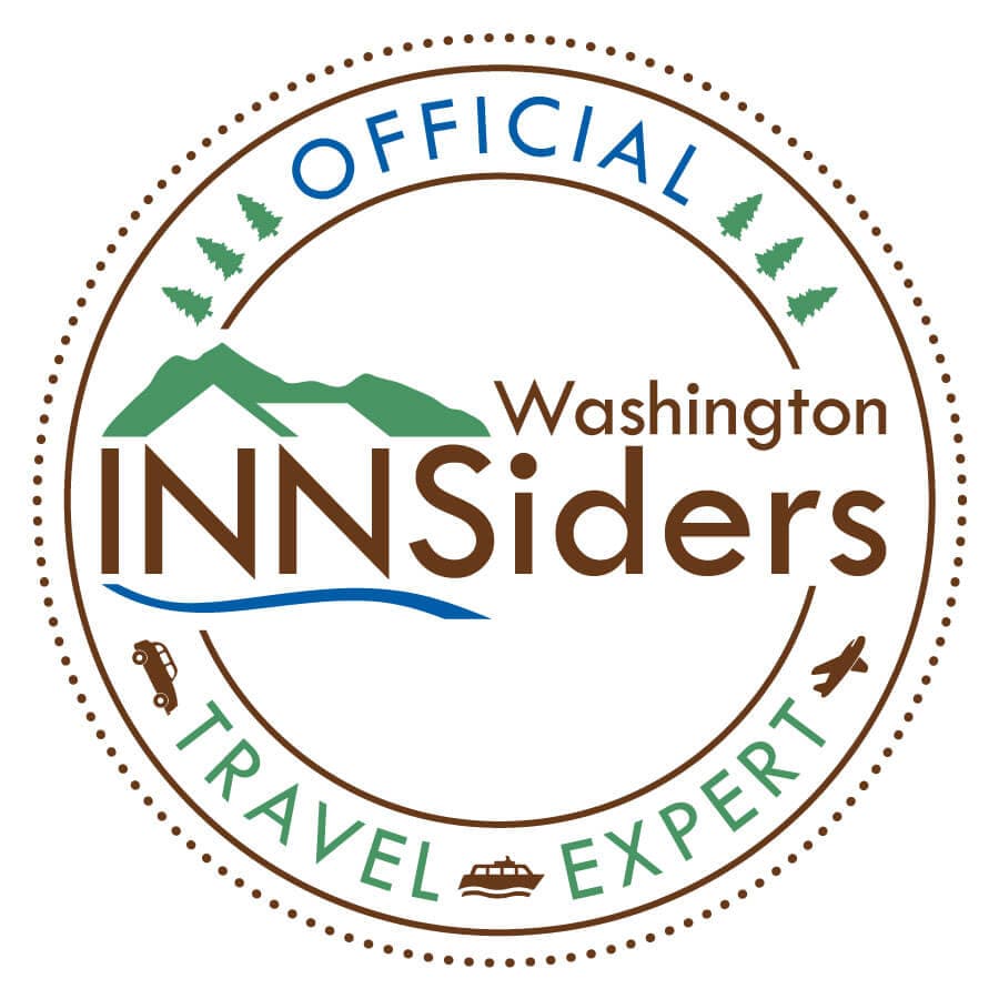 Logo for "Official Washington INNSiders Travel Expert" featuring mountains, trees, and travel icons.