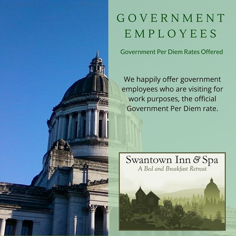 Promotional image for Swantown Inn & Spa offering special government per diem rates for visiting employees.