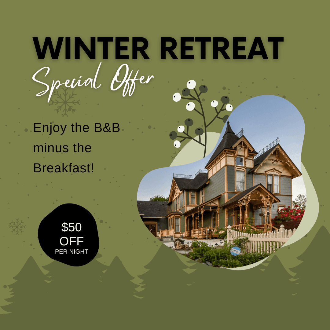 A charming bed and breakfast advertisement promoting a winter retreat with a $50 discount per night.