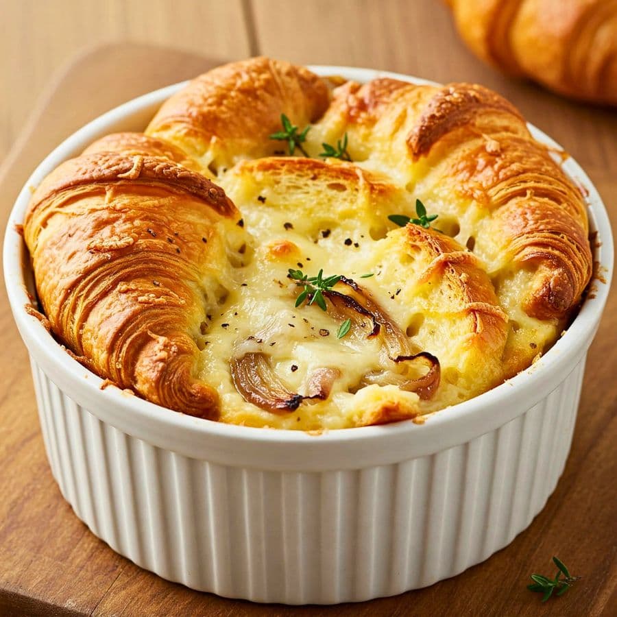 A creamy baked dish with croissant pieces and herbs in a white ramekin.