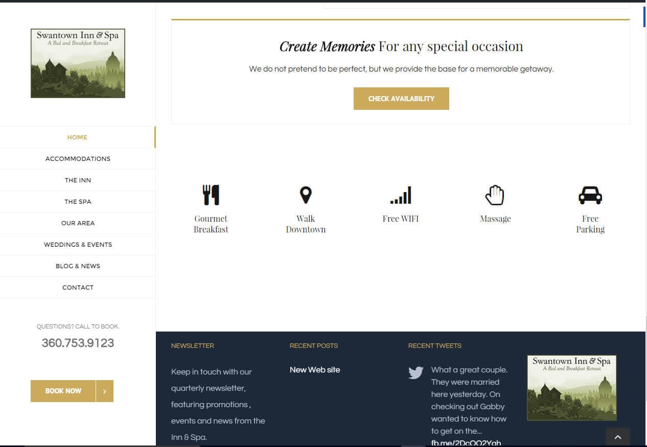 A website screenshot for Swanstown Inn & Spa featuring amenities and a call to action for booking availability.