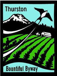 A stylized logo featuring a mountain, fields, and a bird, labeled "Thurston Bountiful Byway."