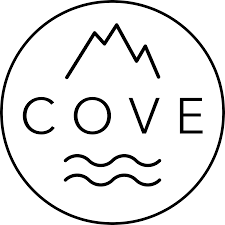 Logo of "COVE" featuring mountains and waves within a circular design.