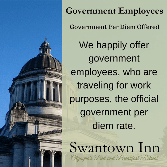 A promotional graphic for Swantown Inn offering government per diem rates for traveling government employees, with an image of a building dome.