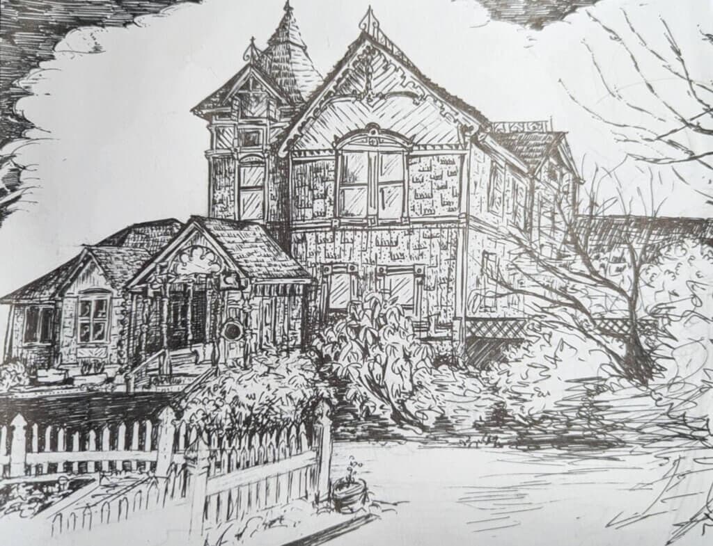 A detailed ink sketch of a large, Victorian-style house surrounded by overgrown vegetation and a picket fence.